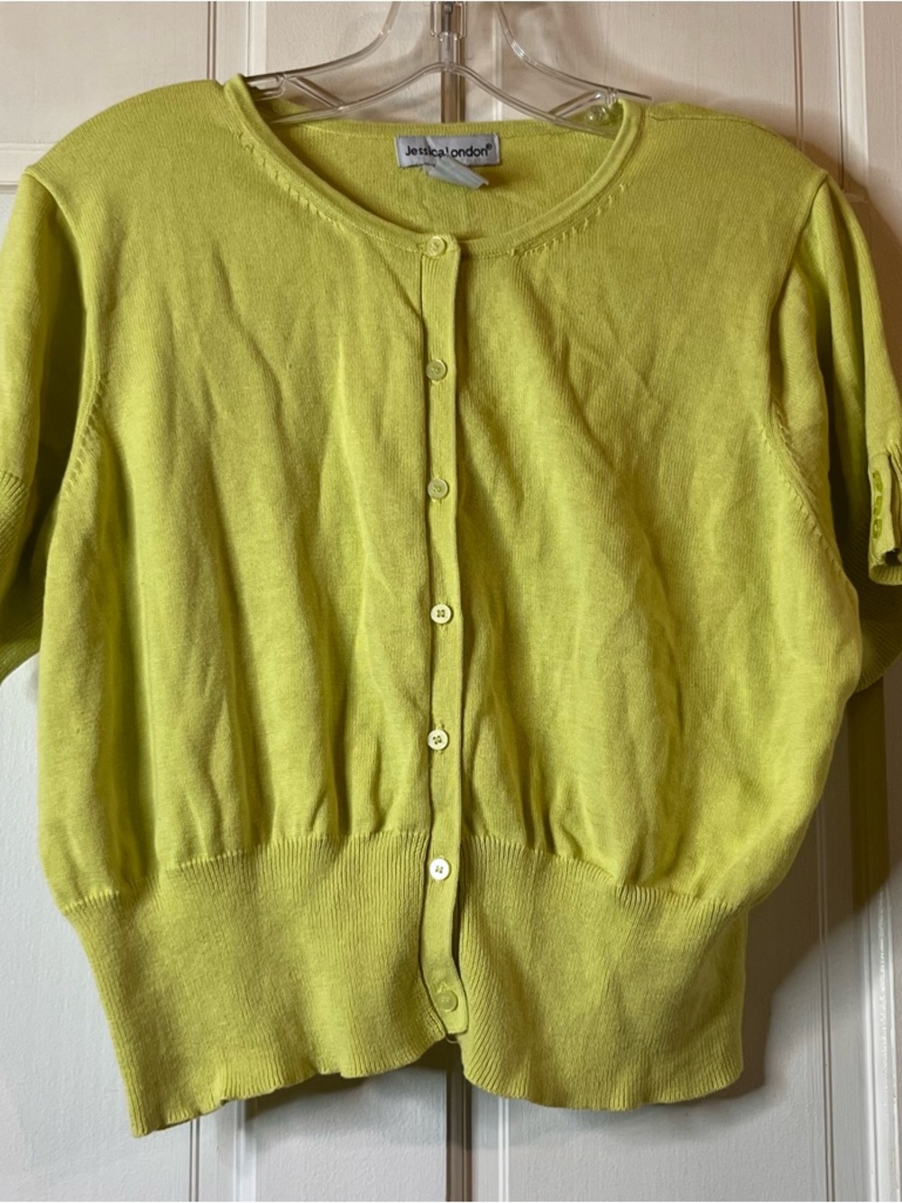 Jessica London Yellow-Green Short Sleeve Button Cardigan